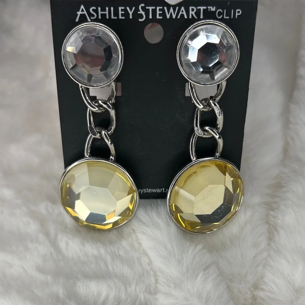 Ashley Stewart Silver and Yellow Gem Earrings clip on - Picture 2 of 5